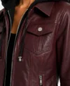 Womens Burgundy Bomber Real Leather Jacket with Removable Hood close up chest
