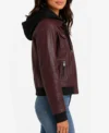 Womens Burgundy Bomber Real Leather Jacket with Removable Hood side pose