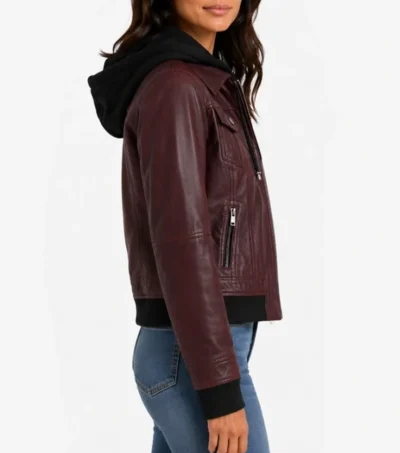 Womens Burgundy Bomber Real Leather Jacket with Removable Hood side pose