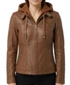 Womens Cognac Brown Hooded Leather Jacket with Quilted Sleeve