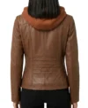 Womens Cognac Brown Hooded Leather Jacket with Quilted Sleeve BACK VIEW
