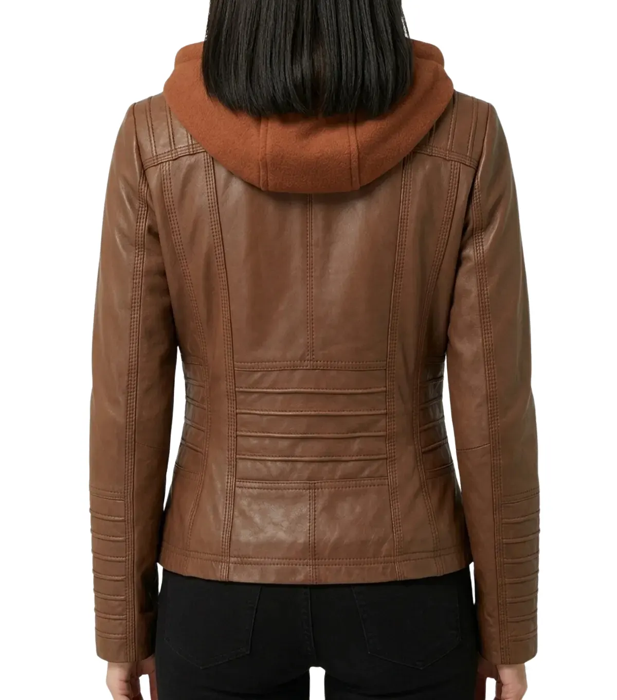 Womens Cognac Brown Hooded Leather Jacket with Quilted Sleeve BACK VIEW