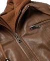 Womens Cognac Brown Hooded Leather Jacket with Quilted Sleeve CLOSE UP