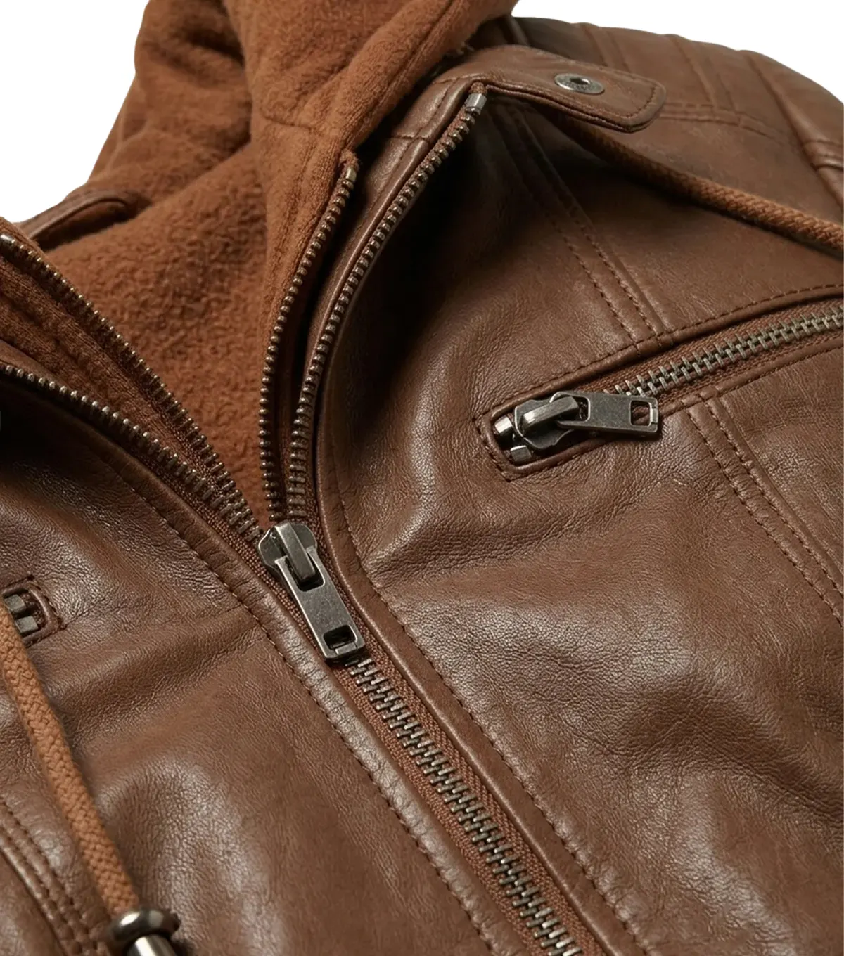 Womens Cognac Brown Hooded Leather Jacket with Quilted Sleeve CLOSE UP