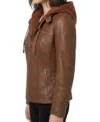 Womens Cognac Brown Hooded Leather Jacket with Quilted Sleeve SIDE