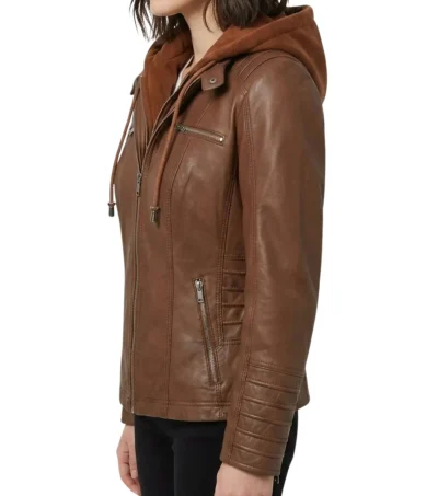 Womens Cognac Brown Hooded Leather Jacket with Quilted Sleeve SIDE