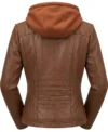 Womens Cognac Brown Hooded Leather Jacket with Quilted Sleeve back