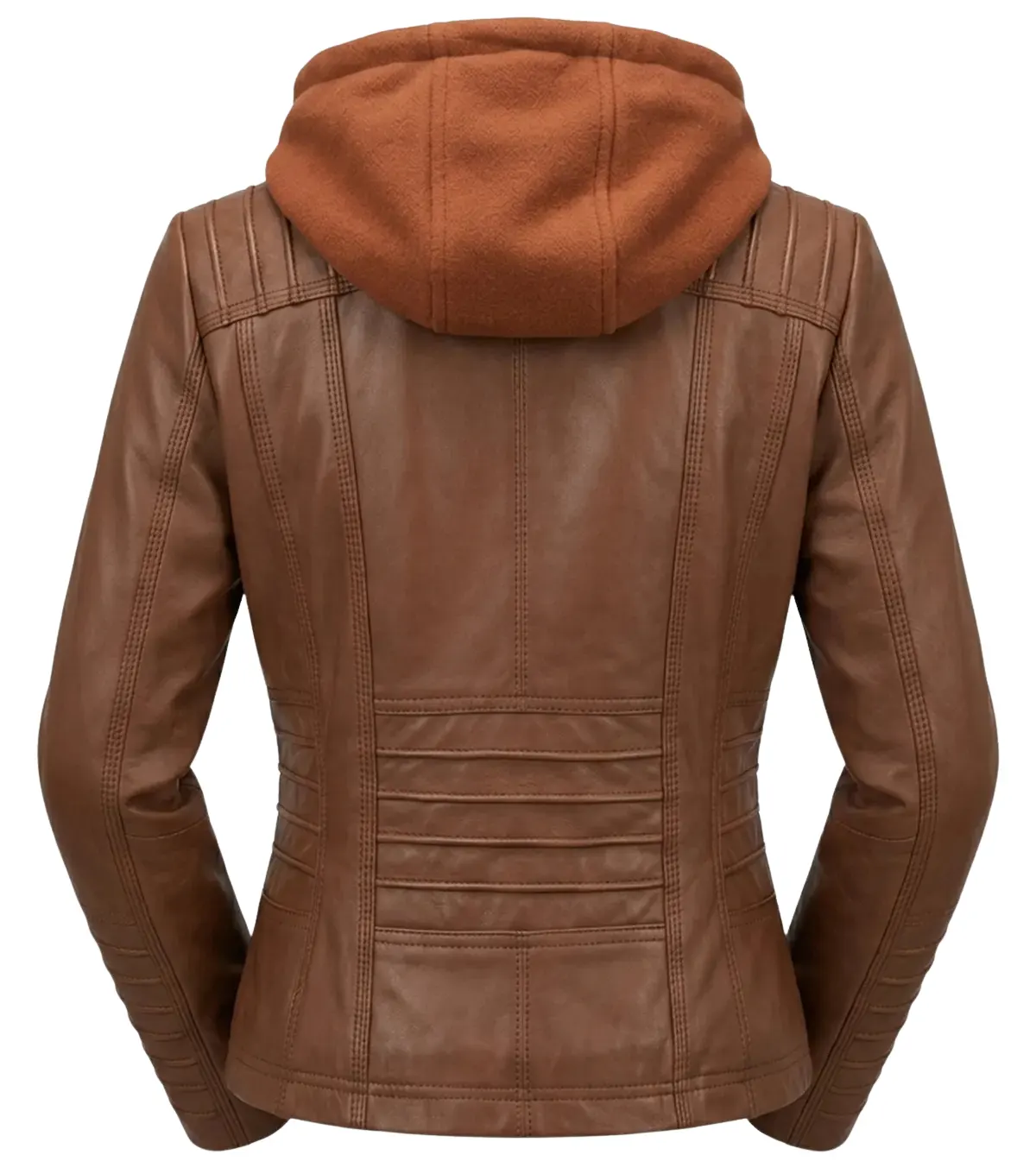 Womens Cognac Brown Hooded Leather Jacket with Quilted Sleeve back