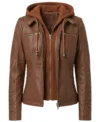 Womens Cognac Brown Hooded Leather Jacket with Quilted Sleeve front