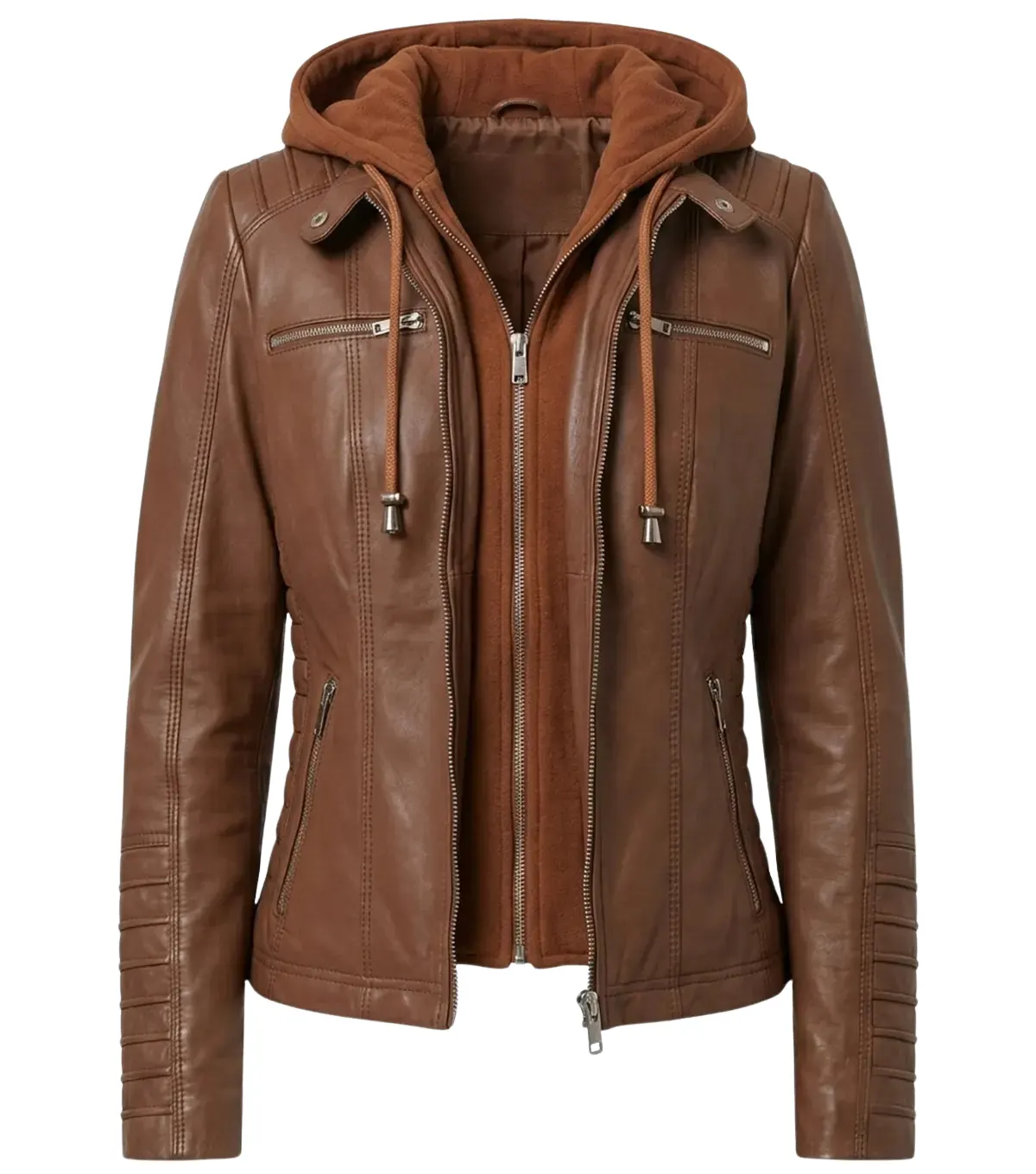 Womens Cognac Brown Hooded Leather Jacket with Quilted Sleeve front