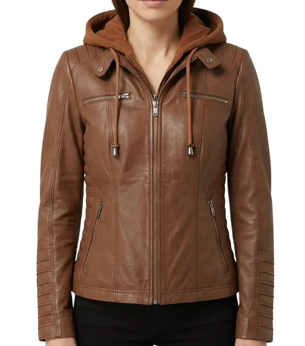 Womens Cognac Brown Hooded Leather Jacket with Quilted Sleeve