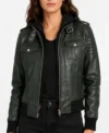 Womens Green Hooded Quilted Shoulder Leather Bomber Jacket