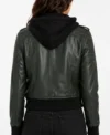 Womens Green Hooded Quilted Shoulder Leather Bomber Jacket back