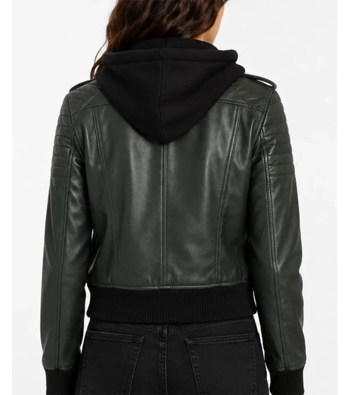 Womens Green Hooded Quilted Shoulder Leather Bomber Jacket back