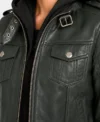 Womens Green Hooded Quilted Shoulder Leather Bomber Jacket close up