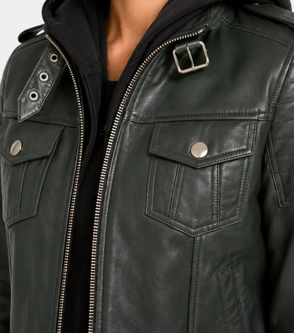 Womens Green Hooded Quilted Shoulder Leather Bomber Jacket close up