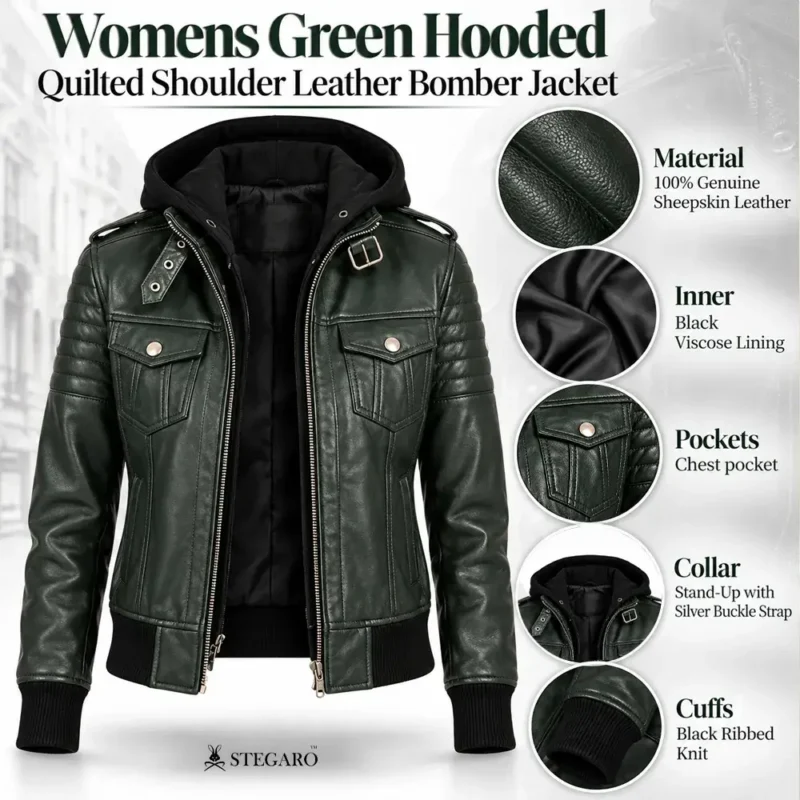 Womens Green Hooded Quilted Shoulder Leather Bomber Jacket info graph