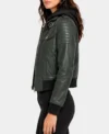 Womens Green Hooded Quilted Shoulder Leather Bomber Jacket side view