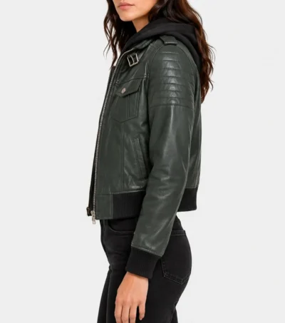 Womens Green Hooded Quilted Shoulder Leather Bomber Jacket side view