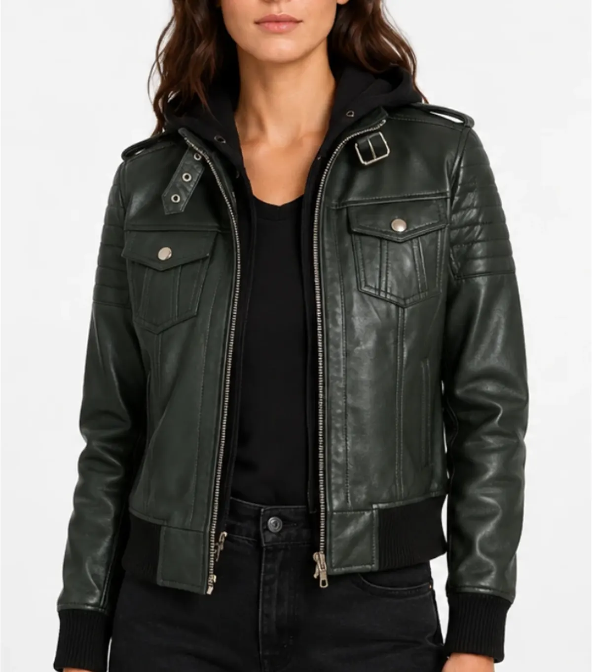 Womens Green Hooded Quilted Shoulder Leather Bomber Jacket
