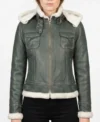 Womens Green Shearling Hooded Leather Jacket