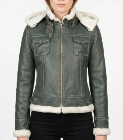 Womens Green Shearling Hooded Leather Jacket