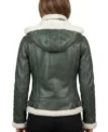 Womens Green Shearling Hooded Leather Jacket BACK