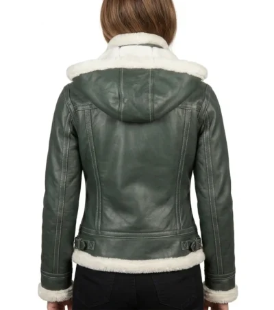 Womens Green Shearling Hooded Leather Jacket BACK