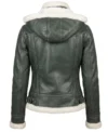 Womens Green Shearling Hooded Leather Jacket BACK FULL VIEW