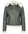 Womens Green Shearling Hooded Leather Jacket front