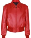 Womens Red Leather Bomber Jacket