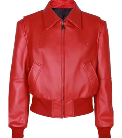 Womens Red Leather Bomber Jacket
