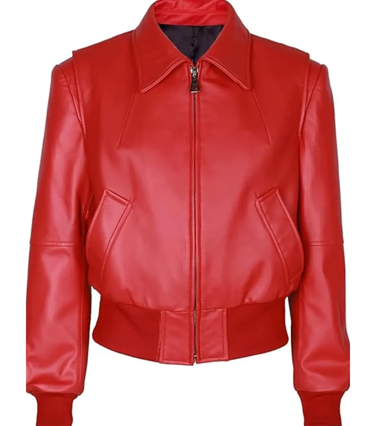 Womens Red Leather Bomber Jacket