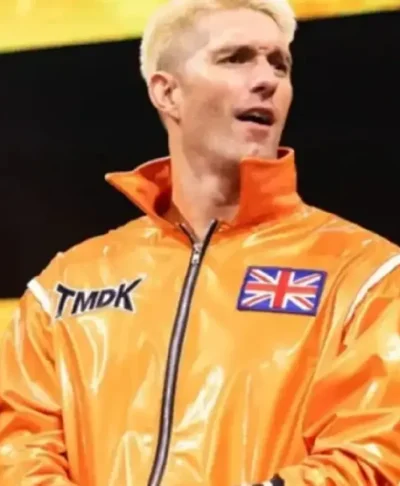 2026 AEW Zack Sabre Jr. UK Flag TMDK Orange Leather Bomber Jacket Closeup