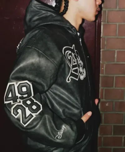 2026 Adidas X Disney Mickey Mouse Where Dreams Come True Black Hooded Leather Jacket Right