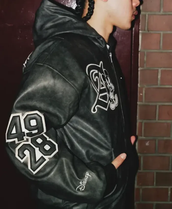 2026 Adidas X Disney Mickey Mouse Where Dreams Come True Black Hooded Leather Jacket Right