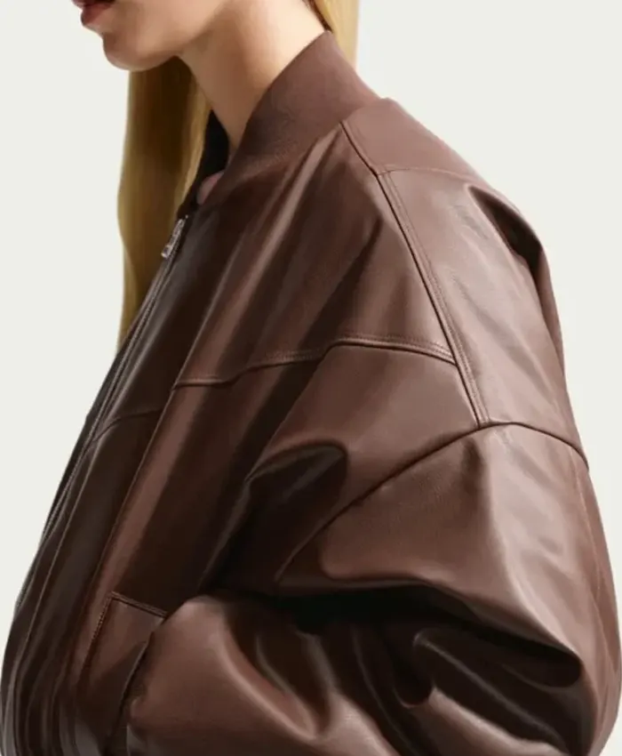 2026 Fall Nike Therma-FIT Brown Leather Bomber Jacket for Women Right
