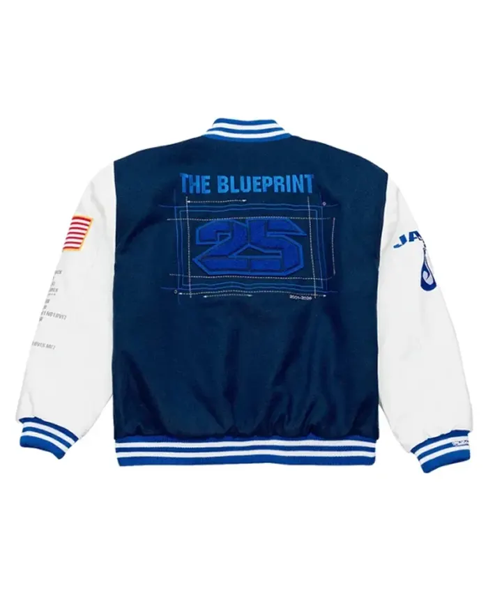 2026 Jay-Z The Blueprint x New York Yankees Blue and White Varsity Jacket Back