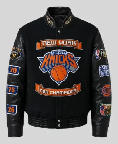 2026 Knicks Champions Black Wool and Leather Jacket