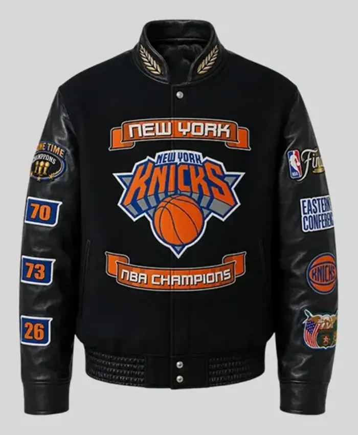 2026 Knicks Champions Black Wool and Leather Jacket