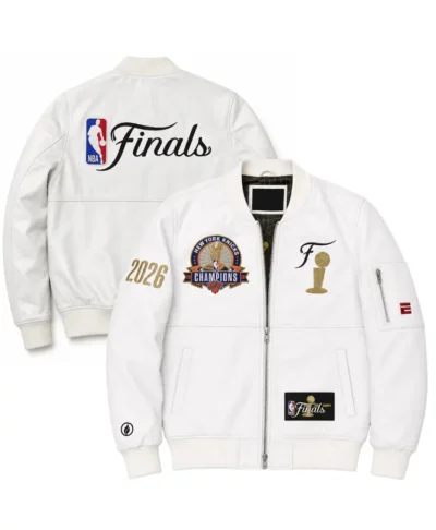 2026 Knicks Finals Champions Team White Leather Jacket