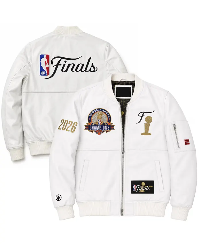 2026 Knicks Finals Champions Team White Leather Jacket