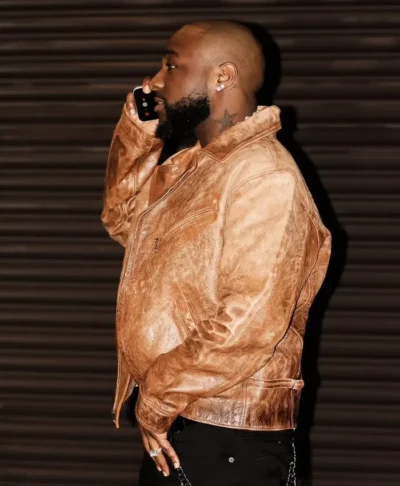 2026 London Street Style Davido Vintage Distressed Brown Leather Jacket Right