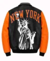 2026 New York Knicks Championship Black and Orange Varsity Leather Jacket Back