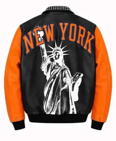 2026 New York Knicks Championship Black and Orange Varsity Leather Jacket Back
