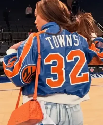 2026 Playoff Game Jordyn Woods Blue Leather Bomber Knicks Jacket Back
