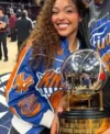 2026 Playoff Game Jordyn Woods Blue Leather Bomber Knicks Jacket Right
