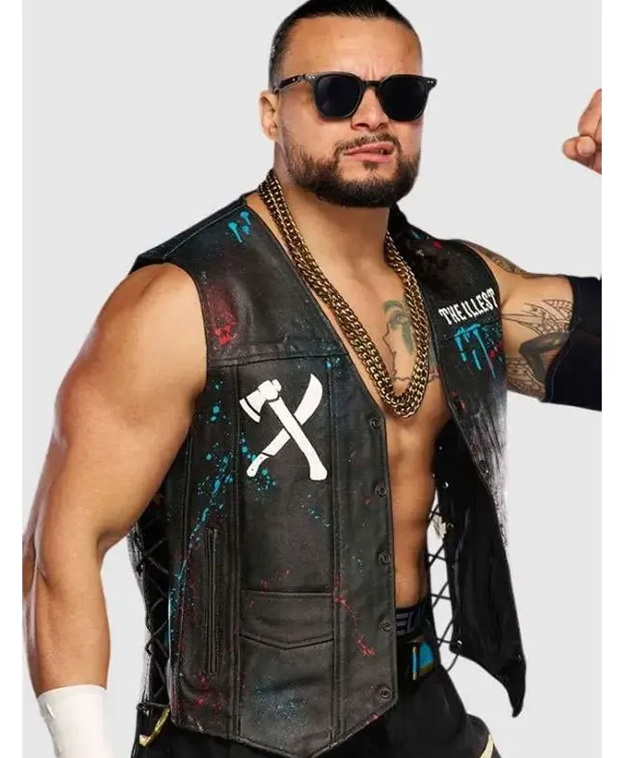 2026 TNA World Champion Wrestler Mike Santana The Illest Black Leather Vest Right