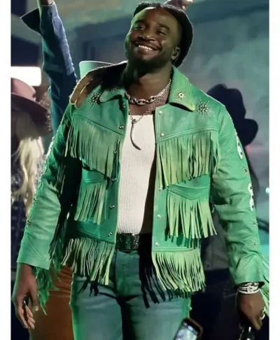 58th Annual CMA Awards 2026 American Singer Shaboozey Green Leather Fringe Jacket Front