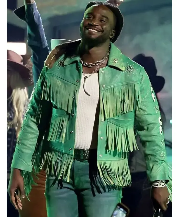58th Annual CMA Awards 2026 American Singer Shaboozey Green Leather Fringe Jacket Front